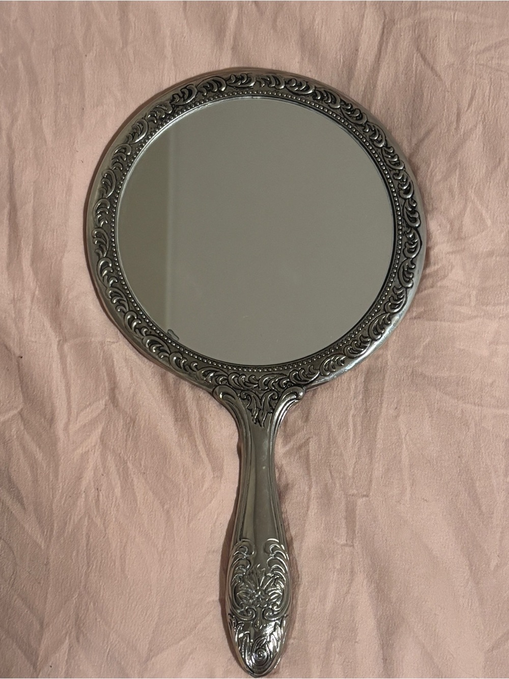 Ornate Vintage Hand Mirror in Silver Tone